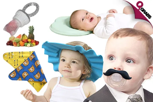 From QR15 Happy & Cute Babies with Bath-Time Face Protectors, Mustache & Fruit Pacifiers, Reversible Bibs & Baby Pillows! (Up to QR114 Value)